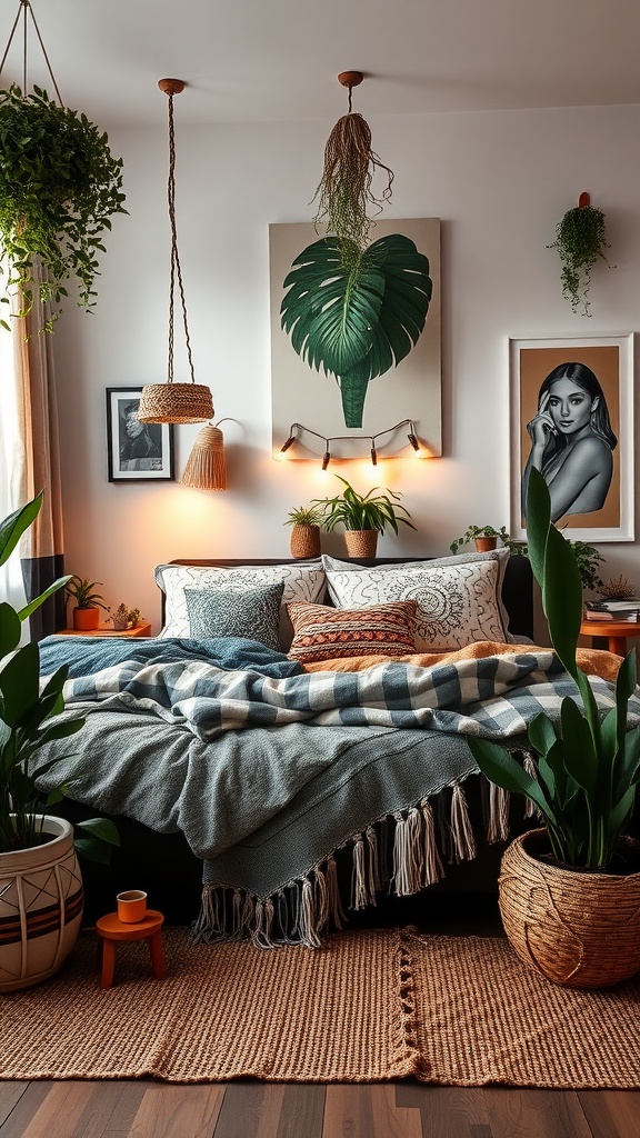 A cozy urban boho chic bedroom featuring a bed with layered blankets and pillows, surrounded by plants and natural decor.