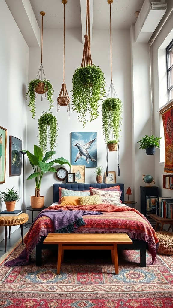 A stylish urban boho bedroom with high ceilings, featuring colorful bedding, hanging plants, and wooden furniture.