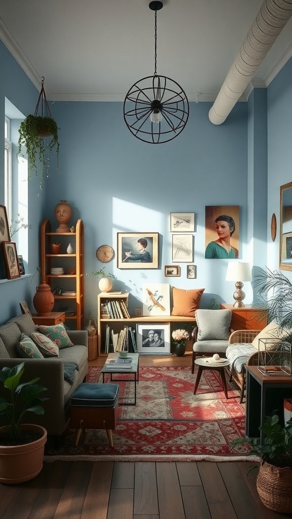 A cozy urban loft with light blue walls, a comfortable couch, and boho decor.