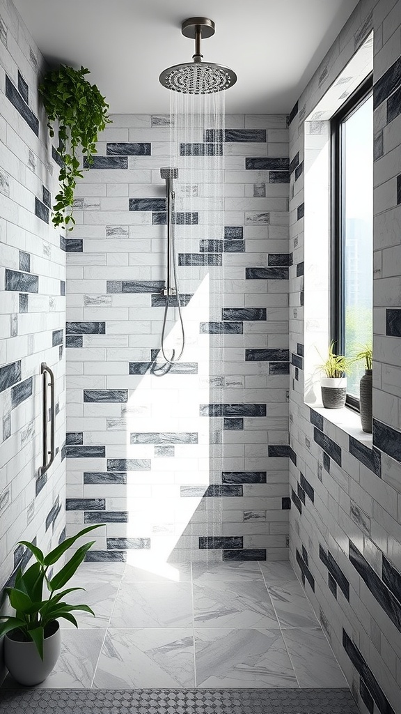 A modern walk-in shower with black and white tiles, a large showerhead, and a window with plants