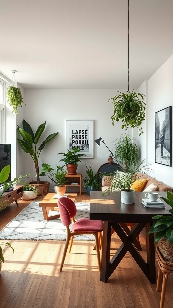 A cozy living room and dining area featuring various indoor plants. The space includes a wooden table, colorful chairs, and a comfortable sofa, all illuminated by natural light.