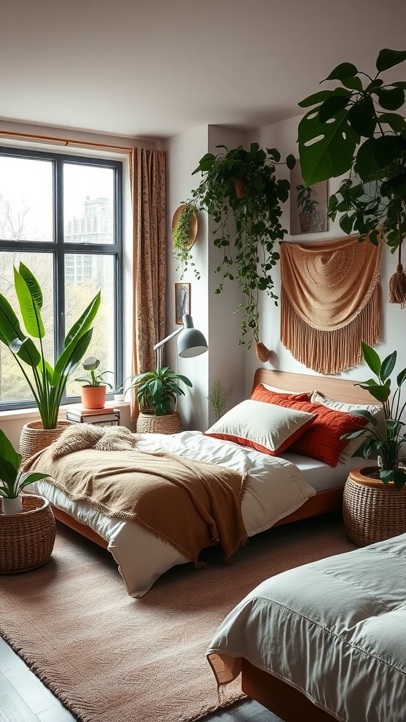 A cozy urban jungle themed bedroom with large plants, earthy tones, and natural light.