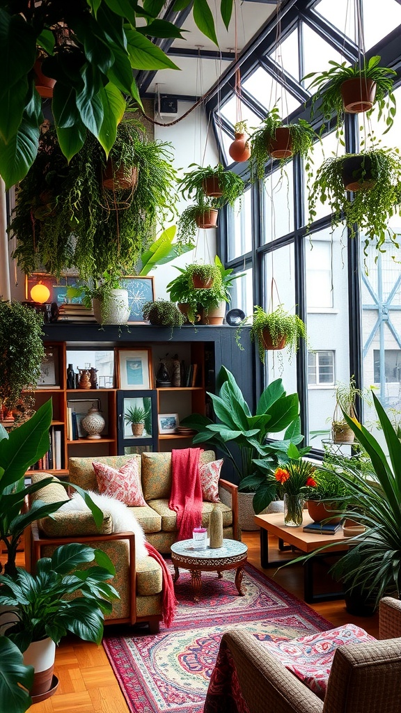 A cozy urban jungle loft featuring lush plants, comfortable seating, and bright natural light