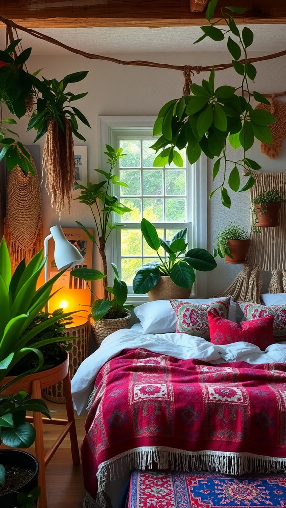 A cozy bedroom filled with plants, showcasing a bed with colorful pillows and a vibrant throw, promoting a bohemian style.