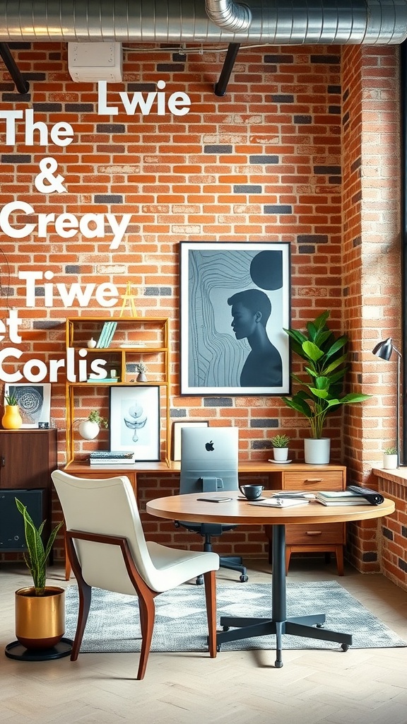 Stylish urban loft home office featuring exposed brick walls, modern desk, graphic art, and plants