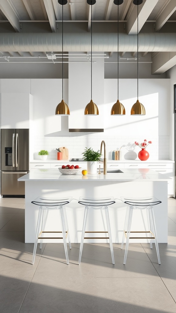 A modern kitchen featuring a white peninsula and transparent acrylic bar stools.