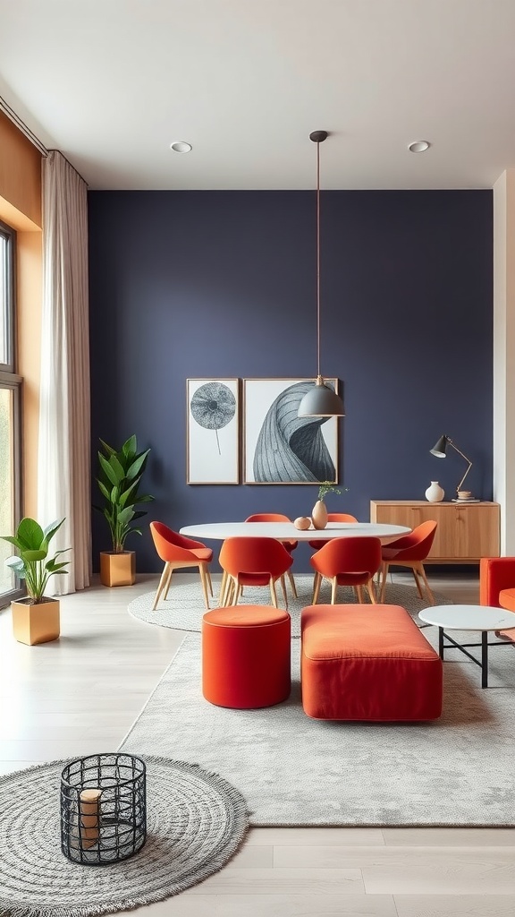 Color blocking in a Living Room & Dining Room Combo with a dark blue wall and orange furniture.