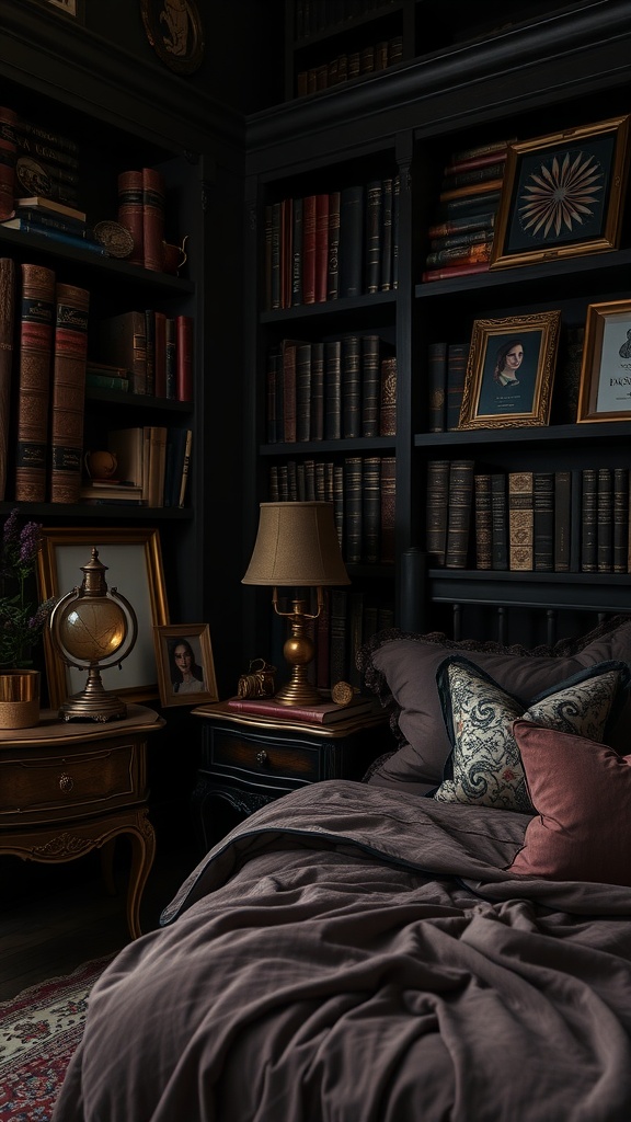 Dark Academia bedroom with copper accents, featuring a cozy bed, bookshelves, and warm lighting.