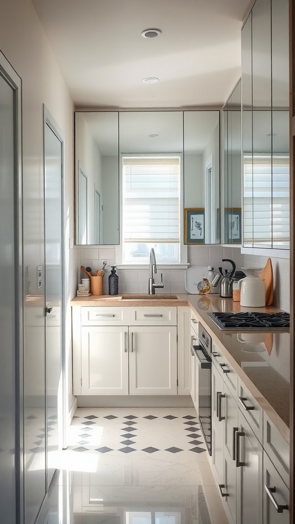 Small kitchen with mirrored cabinets reflecting natural light, showcasing clean design and spacious feel.