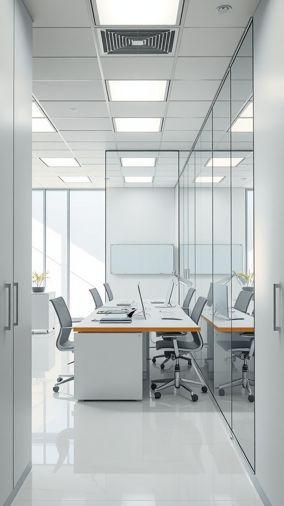 Modern office interior with glass walls and bright lighting