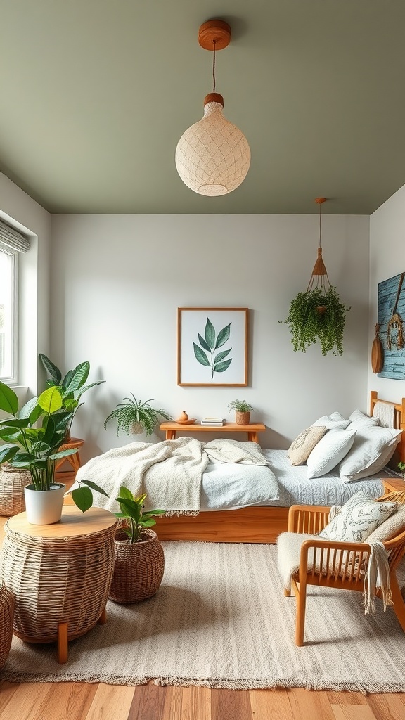 A boho style bedroom featuring a sage green ceiling, warm wooden furniture, and plants.