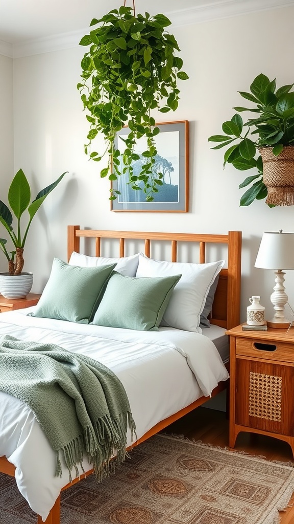 A cozy bedroom featuring sage green accents with pillows and a throw blanket on a wooden bed, surrounded by indoor plants.