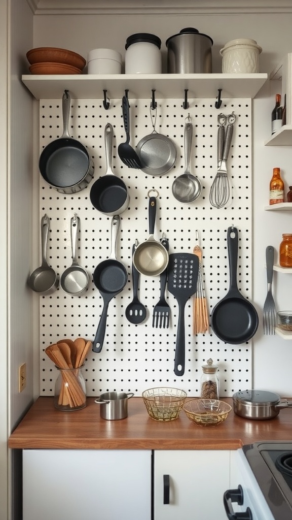 A pegboard in a small kitchen displaying pots, pans, and cooking utensils for organization.