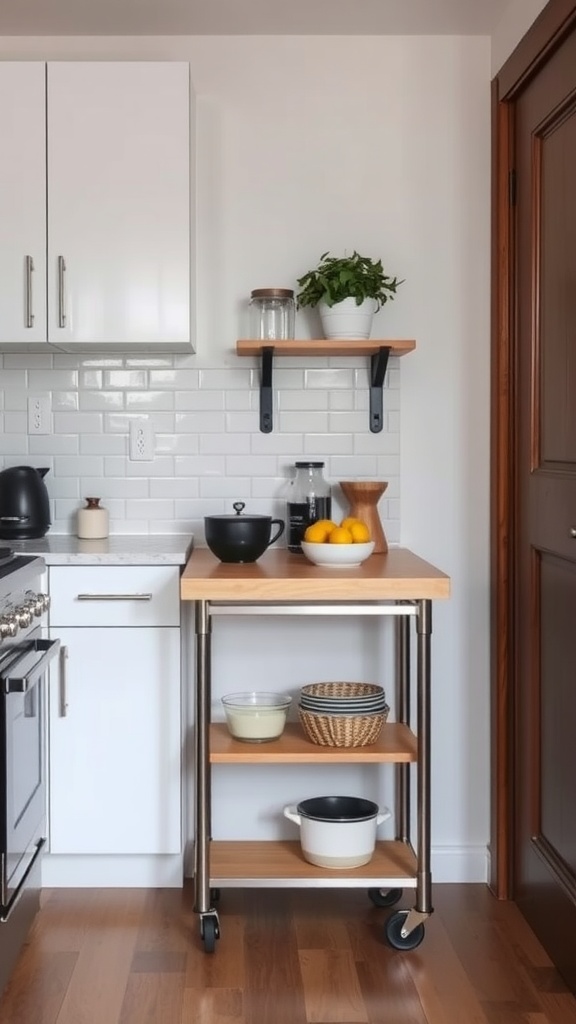 A modern rolling cart in a small kitchen with wooden top and open shelves.