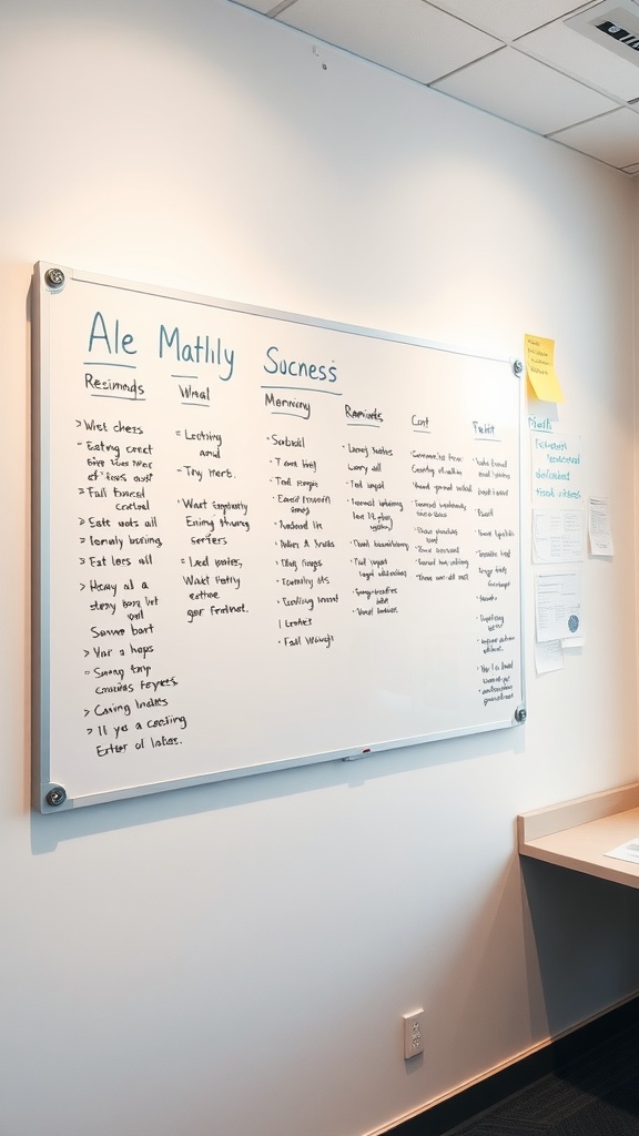 A whiteboard with notes and tasks organized into sections for planning and reminders in a home office.