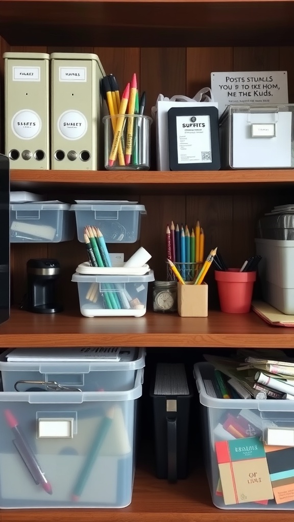 Shelves with clear containers holding various office supplies, including pens, pencils, and documents.