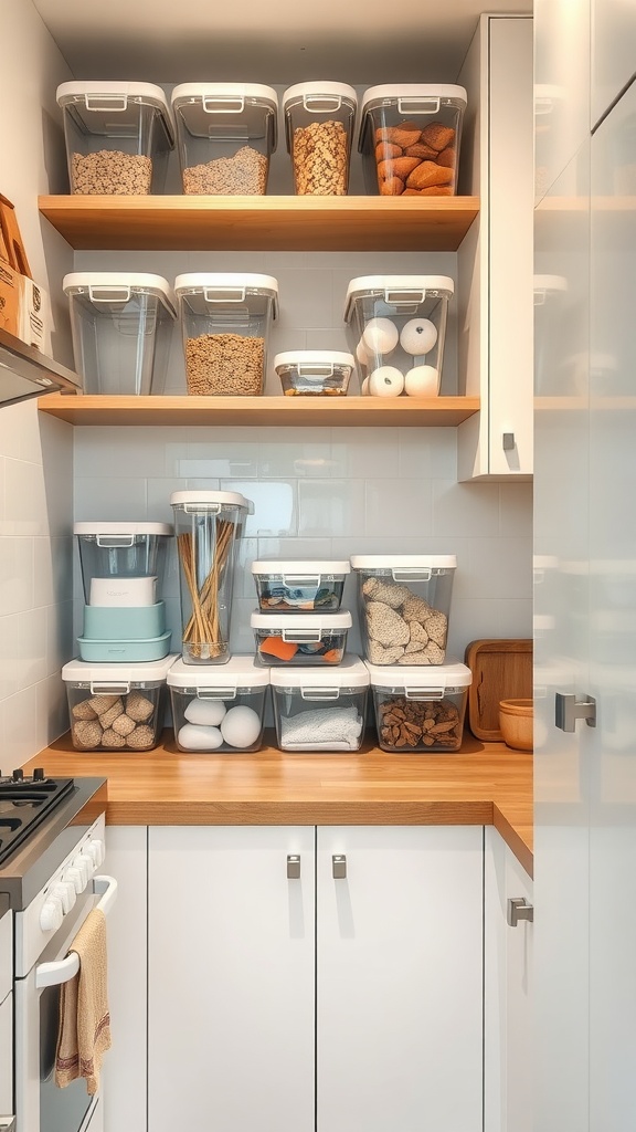 Organized small kitchen with clear storage containers on shelves.