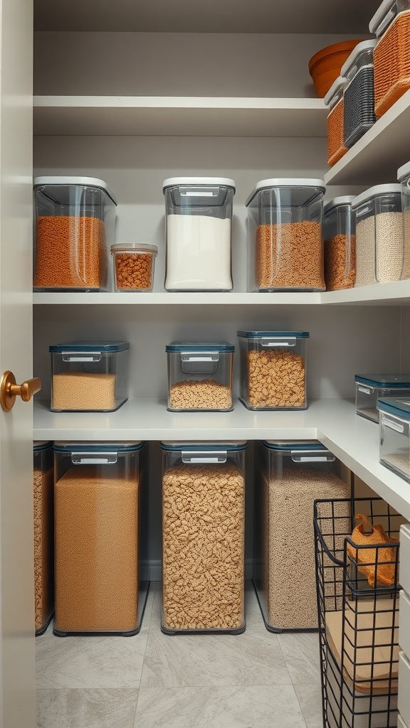 A well-organized kitchen pantry with clear storage containers filled with various dry ingredients.