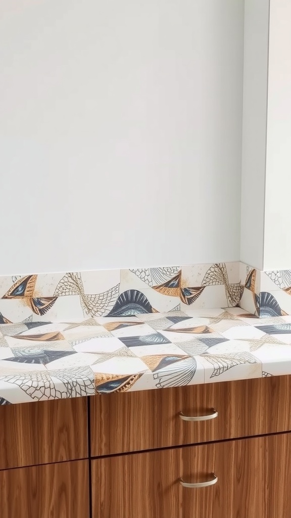 A countertop covered with colorful patterned contact paper, showcasing a stylish kitchen update.