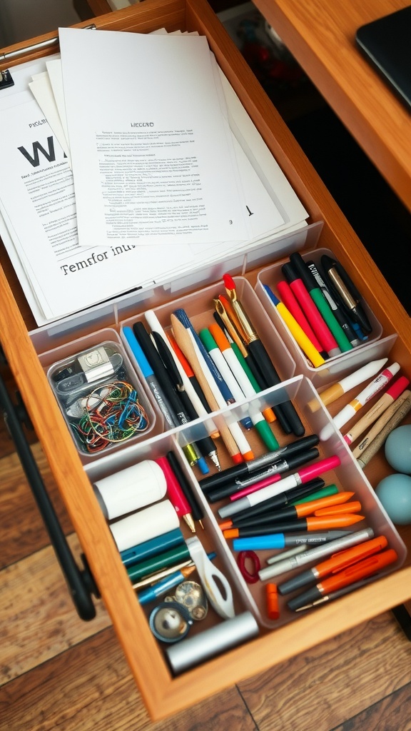 Organized drawer with office supplies including pens, papers, and other stationery.