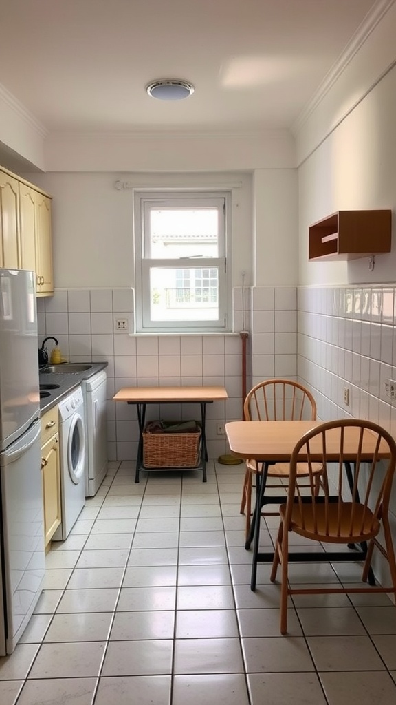 Small kitchen with foldable furniture including a table and chairs