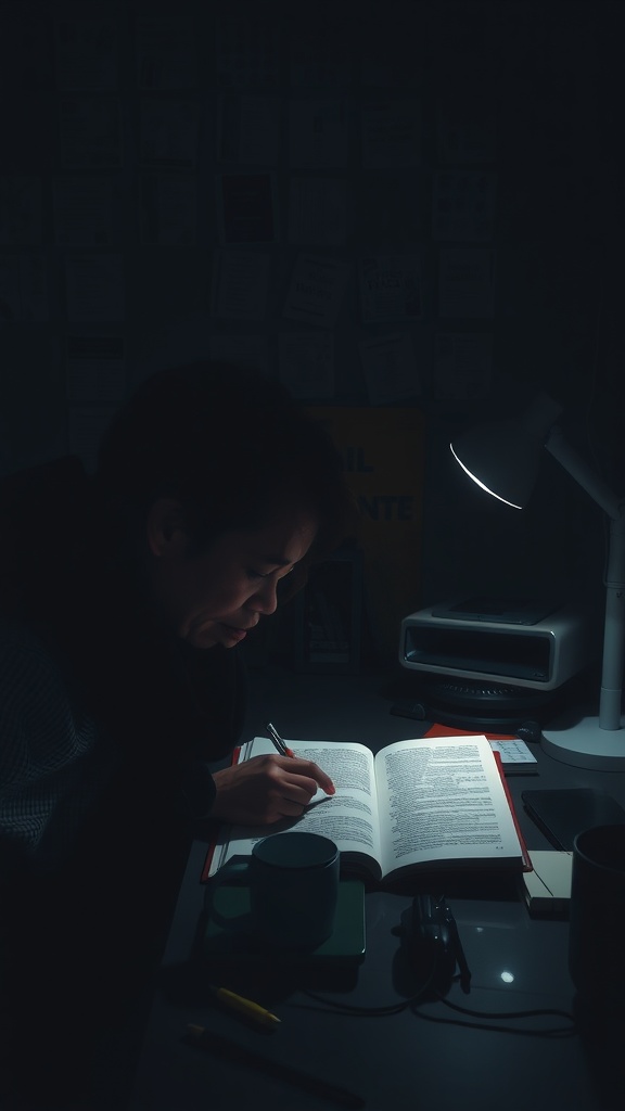 A person studying at a dimly lit desk with a book and a cup, highlighting insufficient lighting.