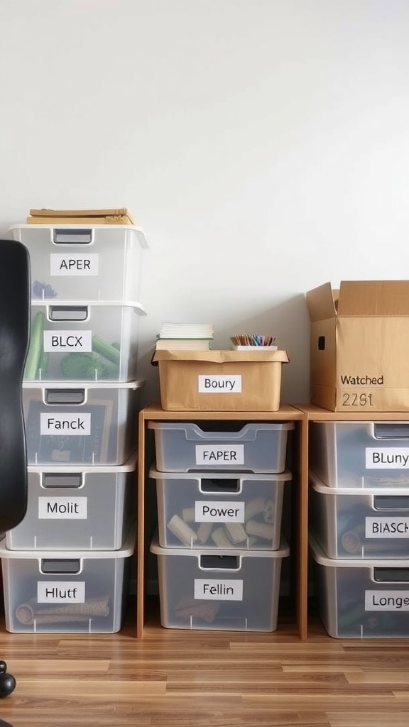 Labeled storage bins in a home office setting