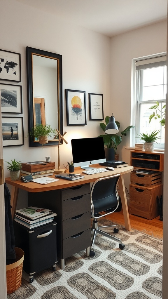 A cozy tiny home office featuring a large mirror, desk with a computer, and plants.