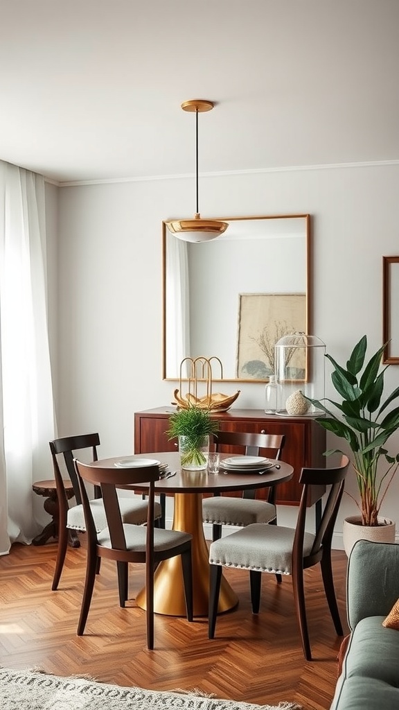 Cozy dining area with a round table, upholstered chairs, and a large mirror reflecting natural light