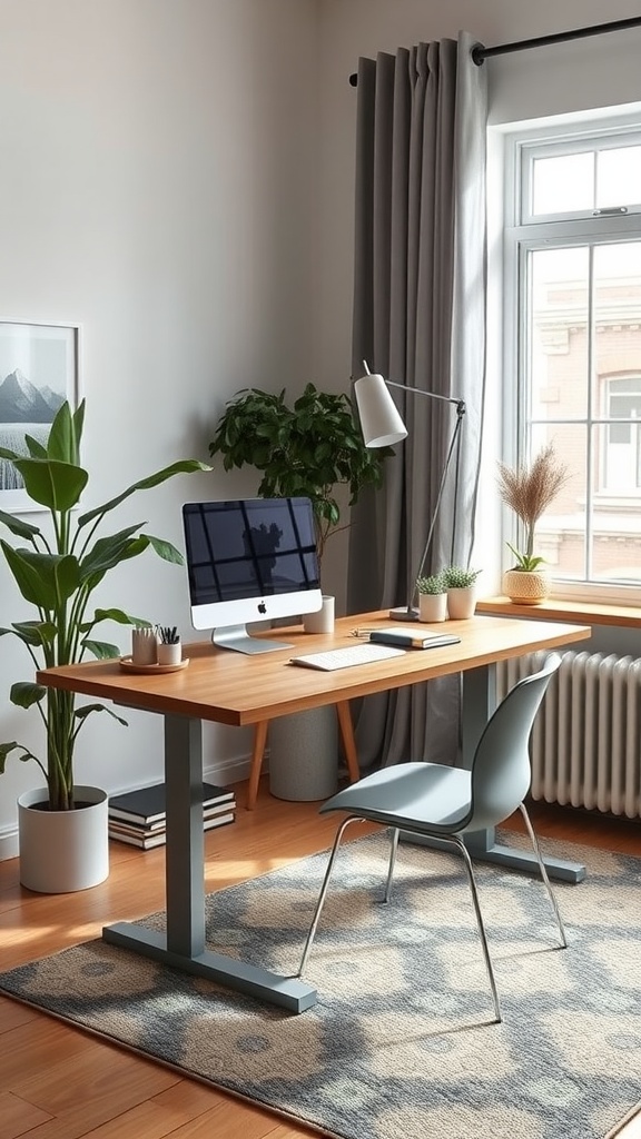 A modern home office featuring a wooden desk, computer, and a stylish chair near plants and a window.