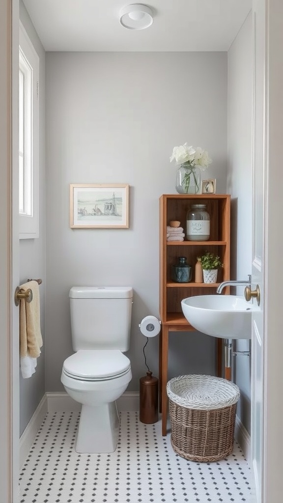 A small bathroom featuring a toilet, sink, shelving unit, and a basket for storage.