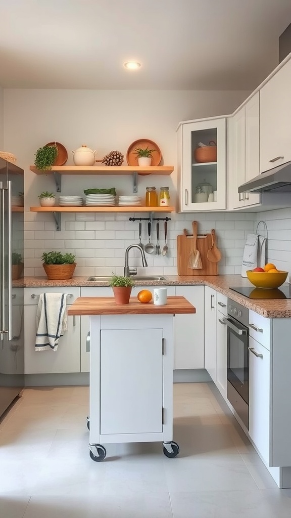 A small kitchen featuring a portable kitchen island with a wooden top, white cabinets, and open shelves with plants and dishes.