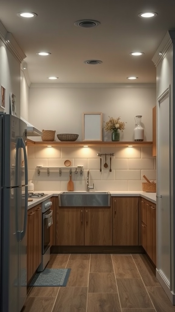 A cozy small kitchen featuring recessed lighting that highlights wooden cabinets and a large sink.