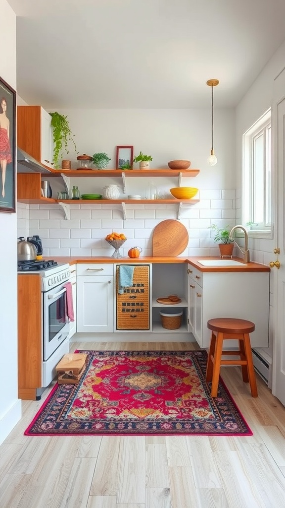 A cozy small kitchen with a vibrant patterned rug on the floor, showcasing a clean and organized layout.