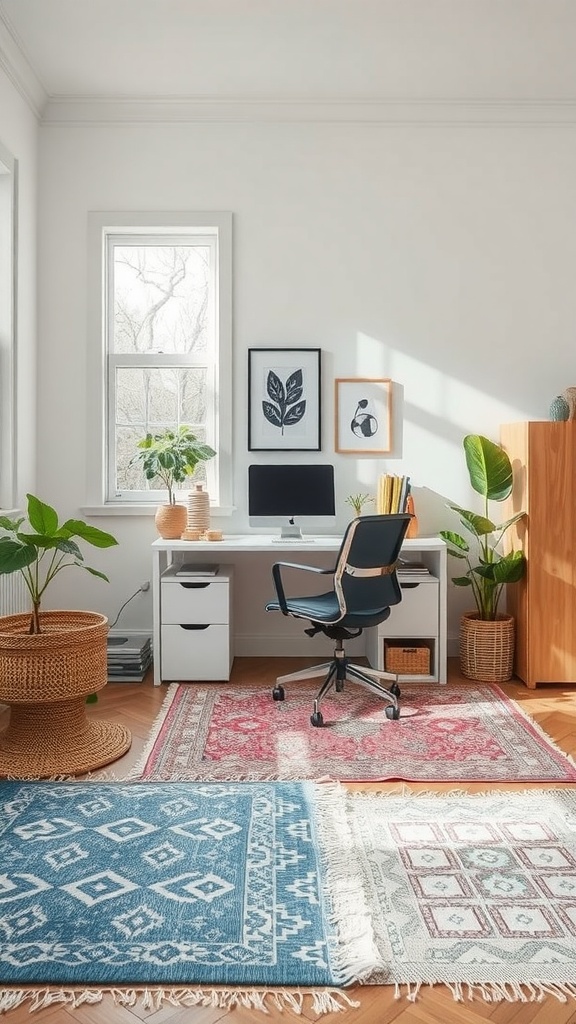 A feminine small home office featuring multiple rugs, plants, and a contemporary desk setup.