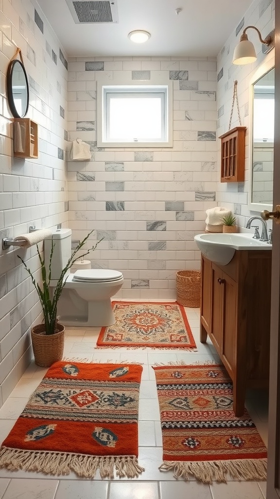 A small bathroom with patterned rugs, a wooden cabinet, and a potted plant.