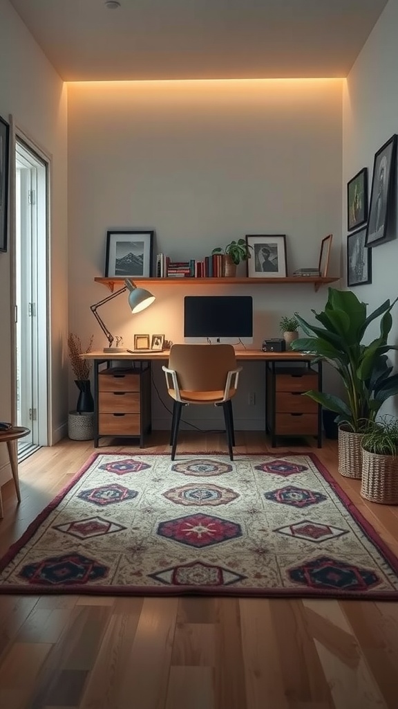 A cozy tiny home office featuring a patterned rug, a desk with a computer, and plants, creating a warm work environment.