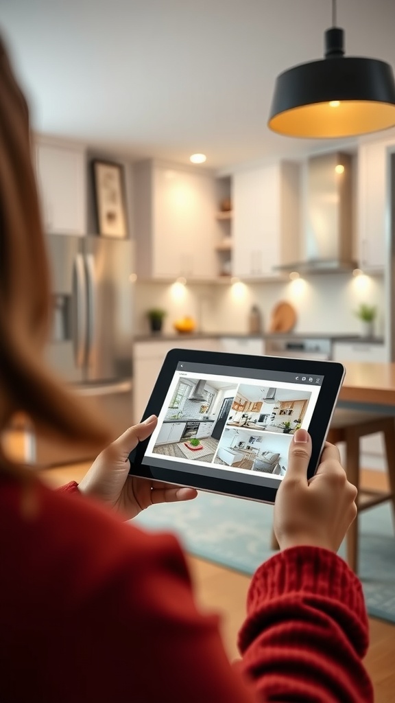 Person holding a tablet displaying various kitchen designs