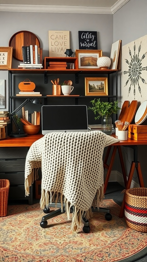A cozy home office with a knitted throw on a chair, wooden decor elements, and a patterned rug creating a warm atmosphere.