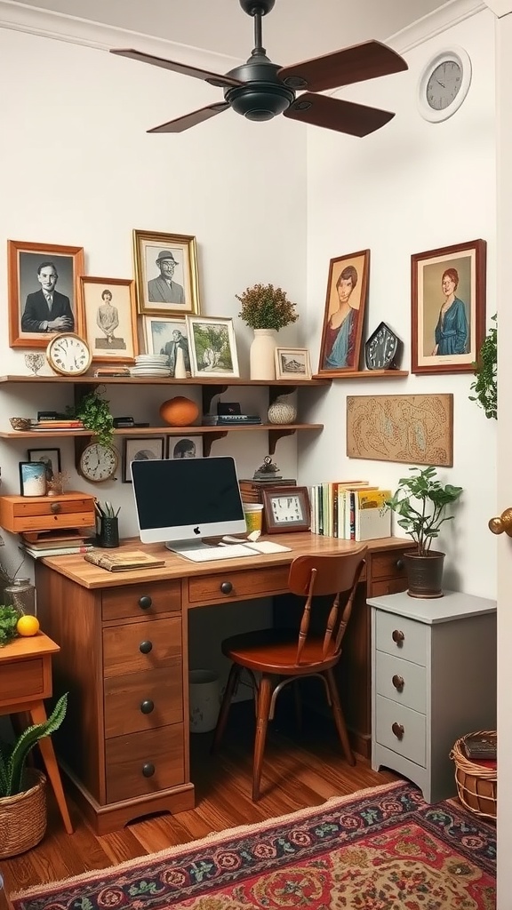 A cozy tiny home office featuring vintage decor and a wooden desk.