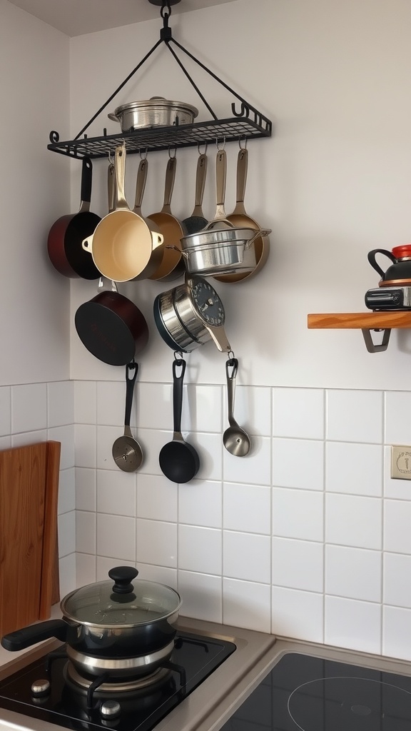 A wall-mounted pot rack with various pots and utensils hanging in a small kitchen