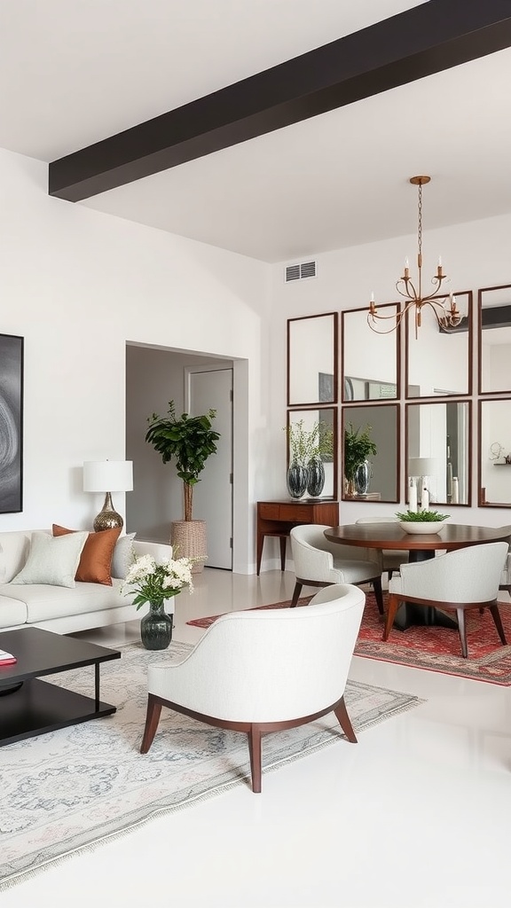 A modern living room and dining room combo featuring mirrors that enhance the sense of space.