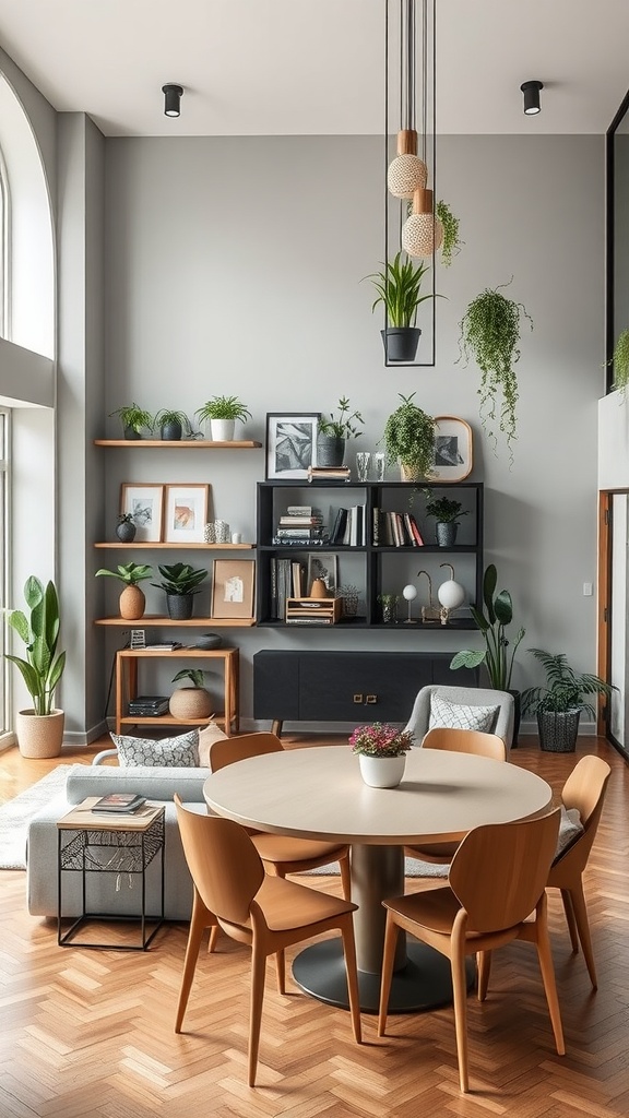 A stylish living room and dining room combo featuring vertical shelves with plants and decor, a round dining table, and comfortable seating.