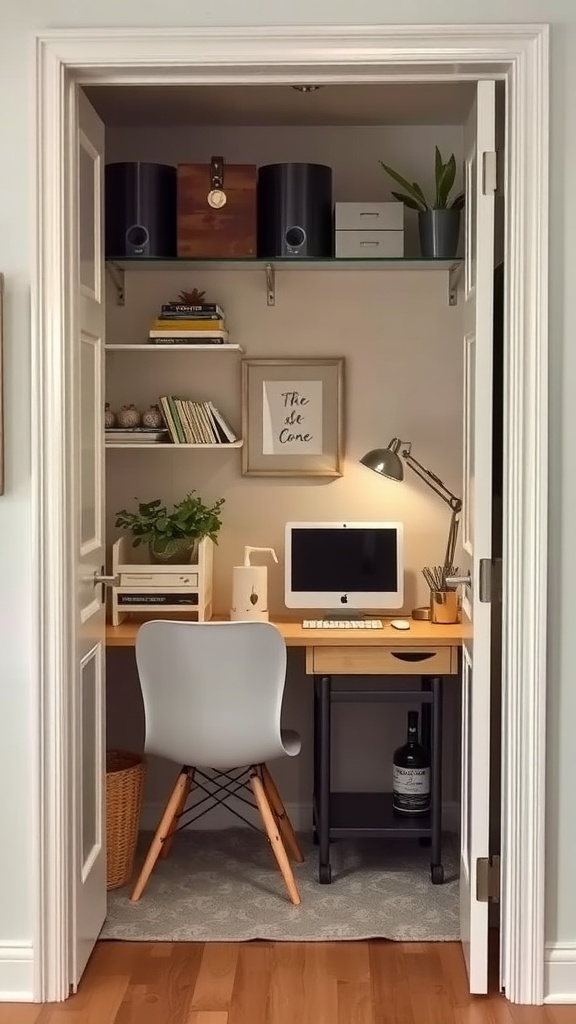 A cozy closet converted into a tiny home office with a desk, computer, and shelves for storage.