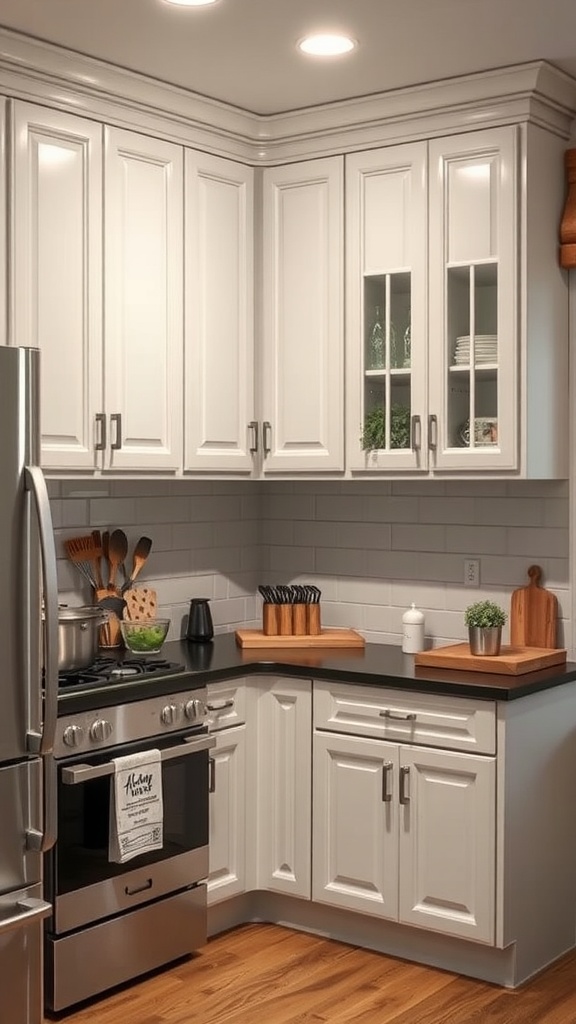 A small kitchen featuring a corner cabinet setup with white cabinetry and a dark countertop.