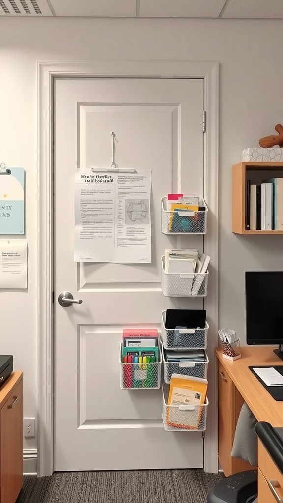 Image of a door with storage baskets attached, holding office supplies and documents