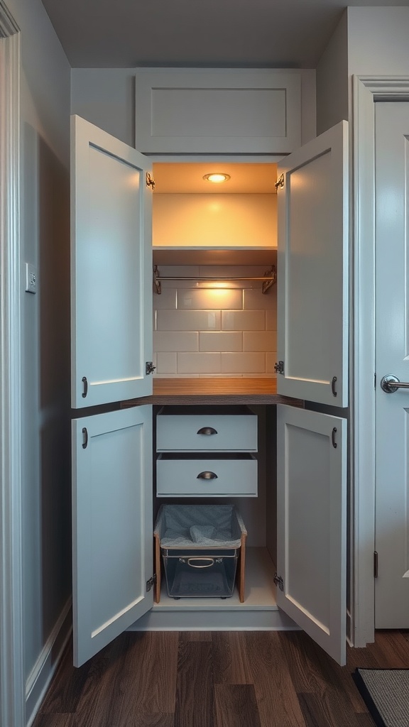 A sleek kitchen cabinet with two doors open, revealing hidden compartments, including shelves, drawers, and a pull-out bin.