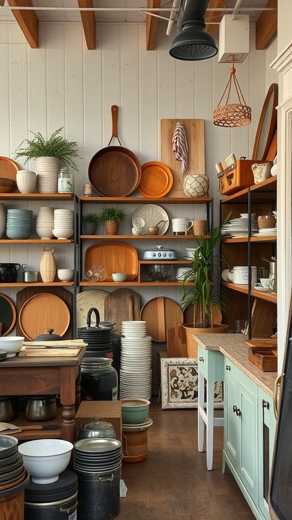 Interior of a reclaimed store showcasing shelves of vintage kitchenware and utensils