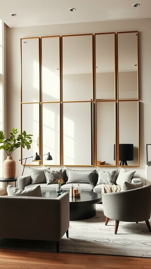 A modern living room featuring a series of tall mirrors framed in gold, enhancing the design with light and depth.