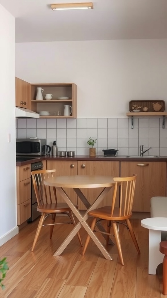 A small kitchen featuring multi-functional furniture with a round dining table and wooden chairs.